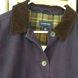 NWT. Lands' End Women's Indigo Jacket with Brown Collar, Size L p